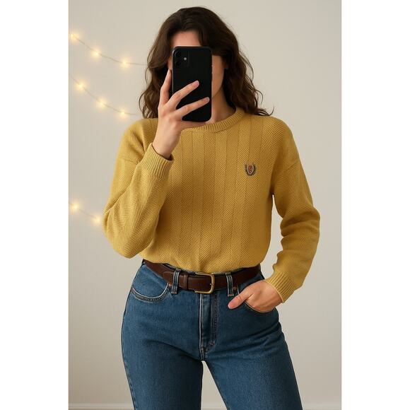 Vintage Chaps Ralph Lauren Crest Knit Sweater Yellow Herringbone Preppy Classic - Picture 1 of 9